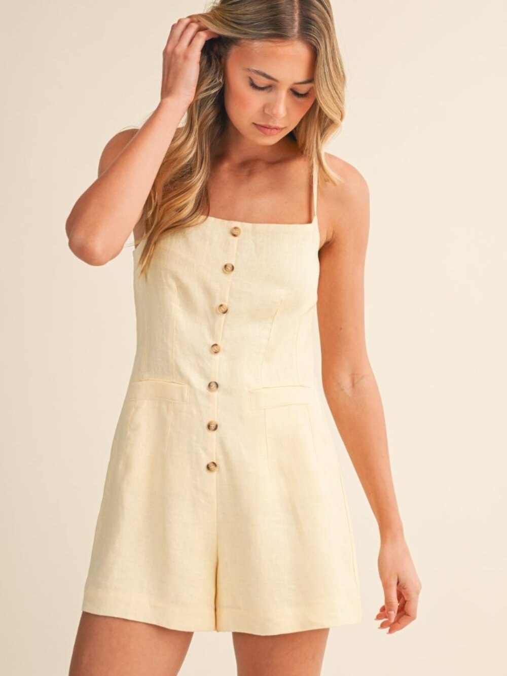 NWT Soft Butter Yellow Linen Romper Short with Thin Spaghetti Straps